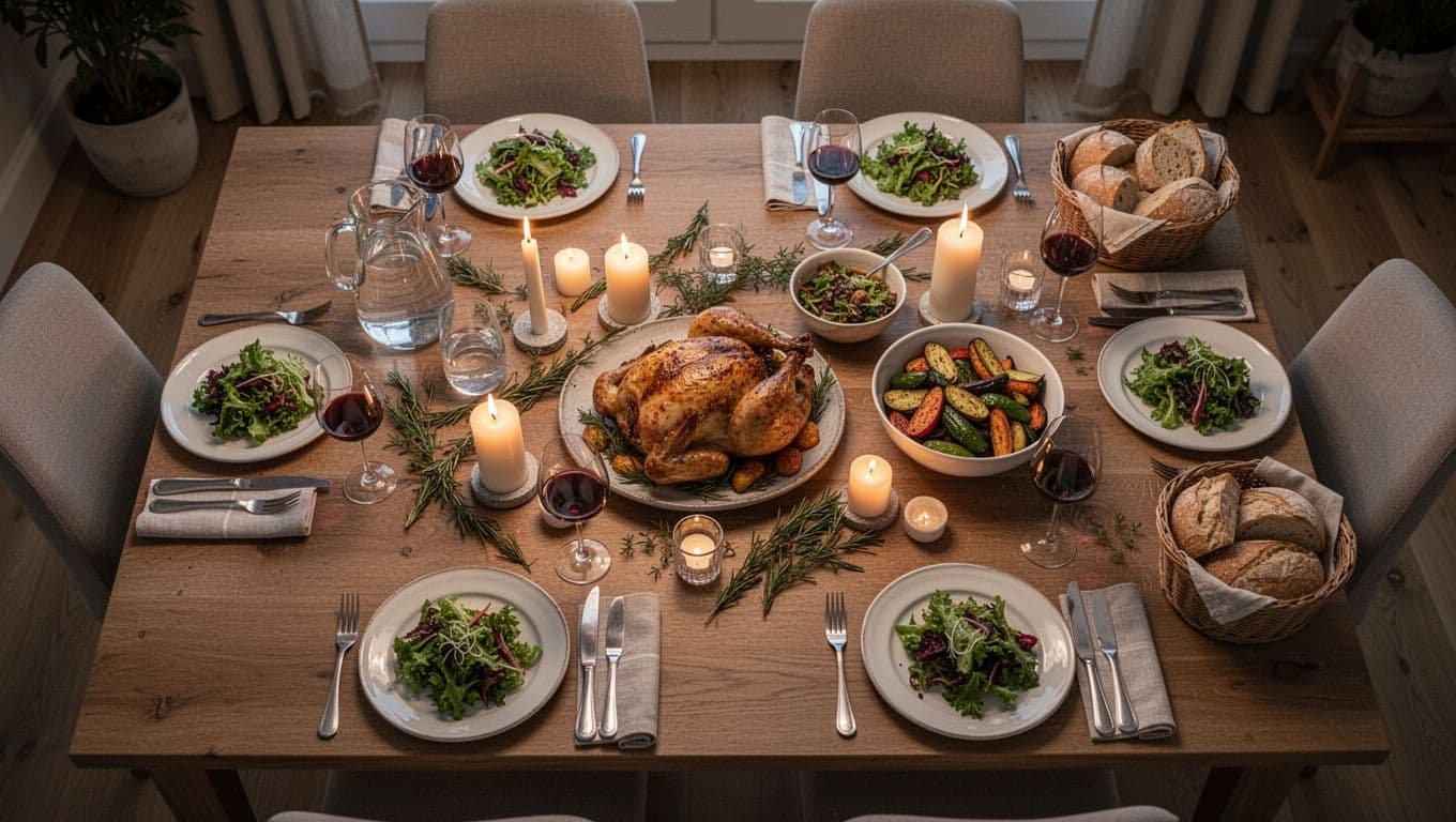 Overhead view of dining table with salad plates, roasted chicken platter, vegetable bowl, bread basket, wine glasses, pitcher, candles, and napkins.