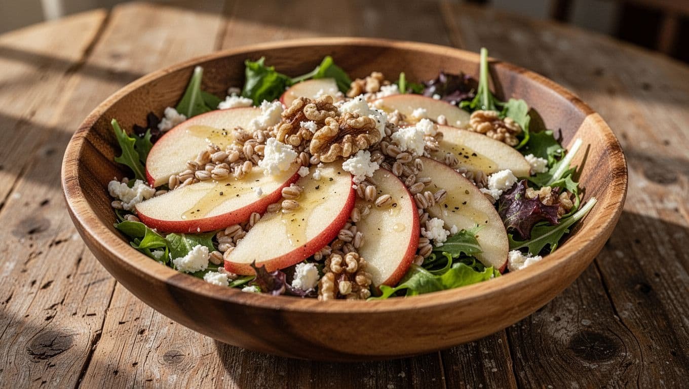 Bowl of cooked farro grains, sliced apples, mixed greens, chopped walnuts, and crumbled cheese with vinaigrette on rustic table.