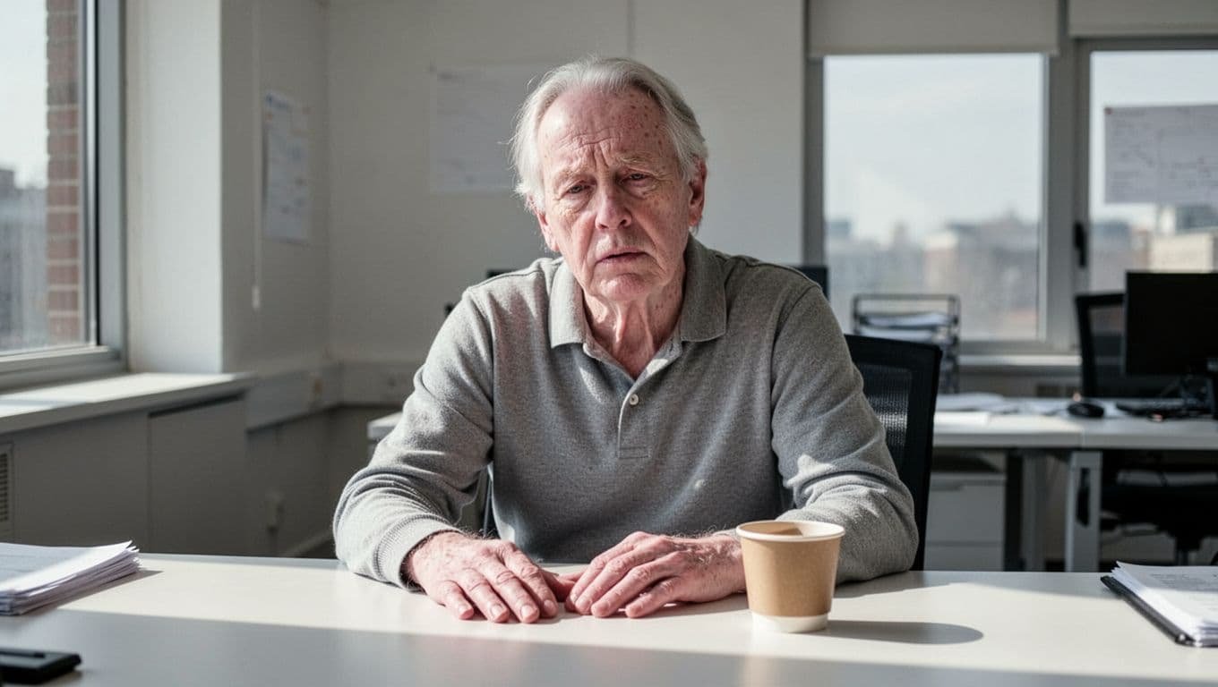 Middle-aged person sits at desk looking tired with pale skin and slight hand swelling, coffee cup nearby.