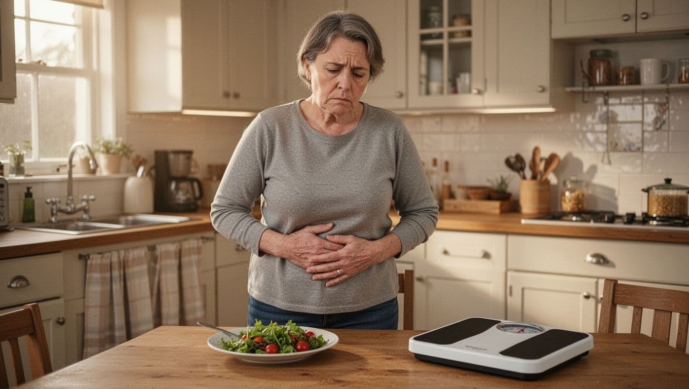 Fatigued middle-aged person in cozy kitchen holds hand on stomach, ignores untouched healthy meal beside scale showing lower weight.