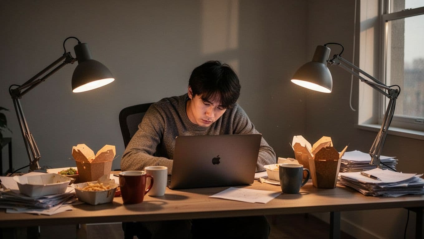 Fatigued office worker slumps at cluttered desk with empty takeout containers and coffee mugs in dimly lit room.