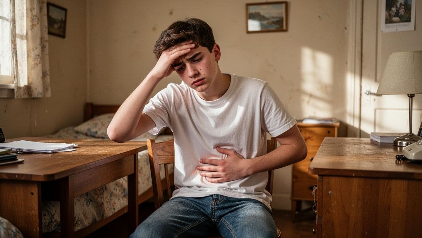 Teenager sits at bedroom desk looking tired, one hand on forehead, other touching upper right abdomen.