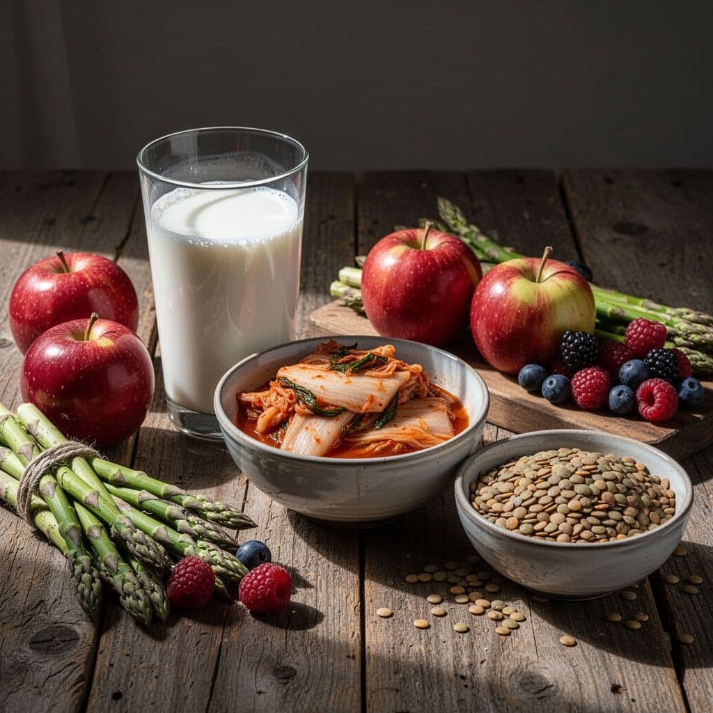 A rustic table displays kefir, kimchi, lentils, asparagus, apples, and berries in a cinematic arrangement.