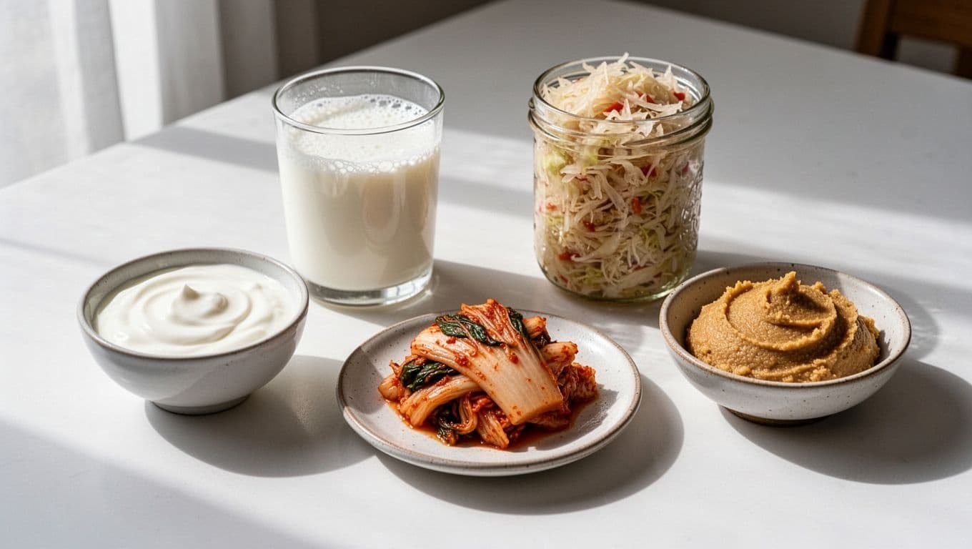Yogurt in bowl, kefir glass, sauerkraut jar, kimchi dish, and miso bowl on white table.
