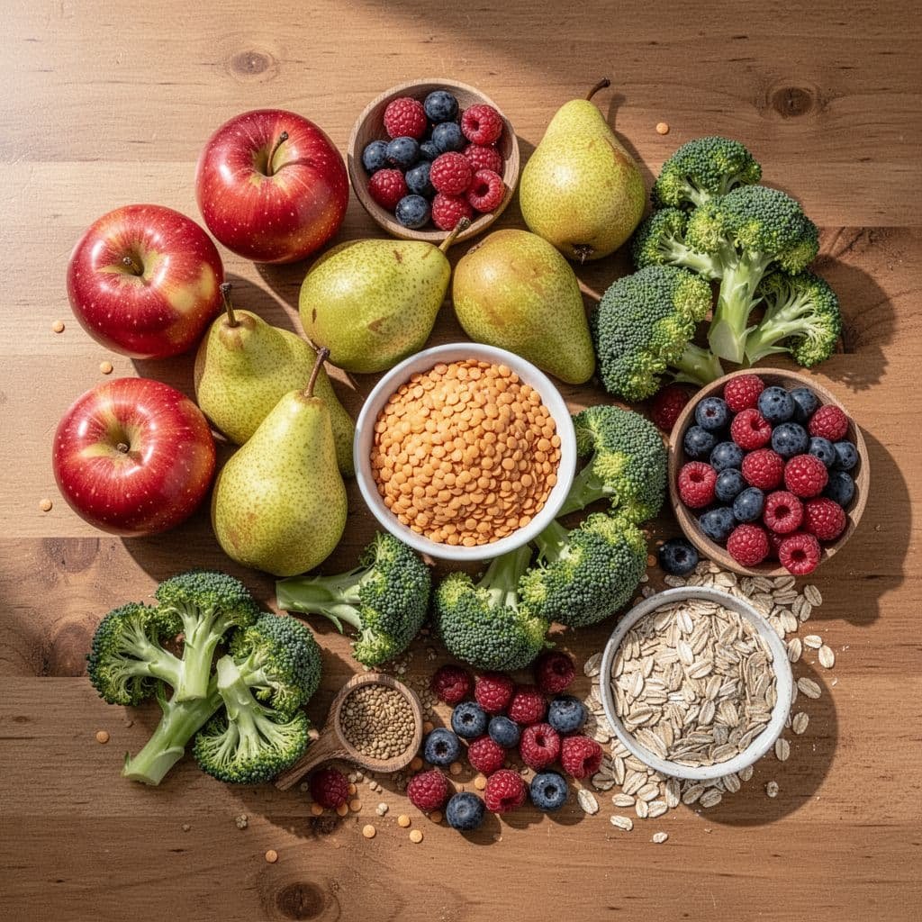 Top-down view of fresh apples, pears, berries, broccoli, lentils, and oats on a wooden table.