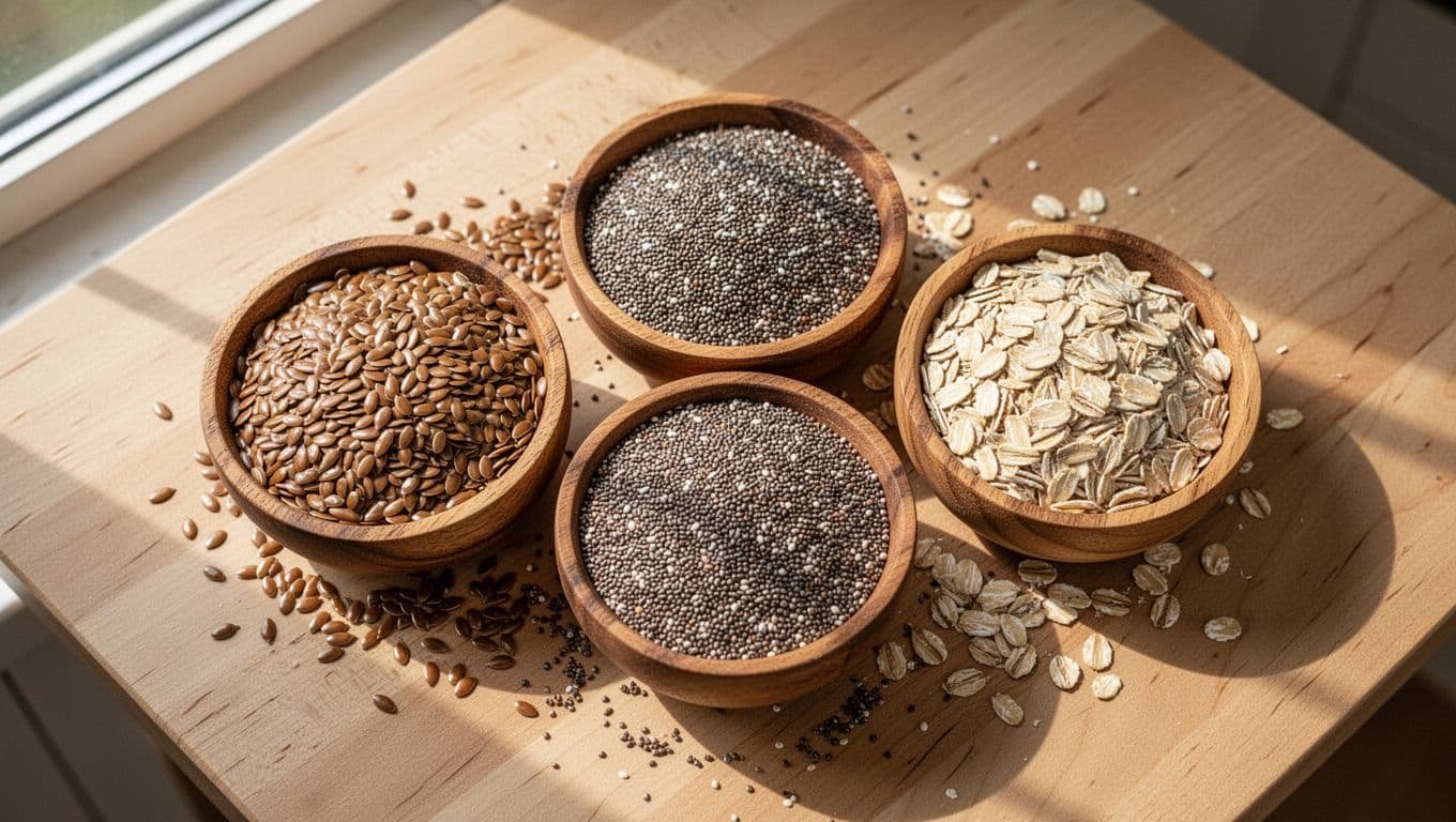Three small wooden bowls on a light wooden table hold ground golden flaxseeds, black chia seeds, and rolled oats.