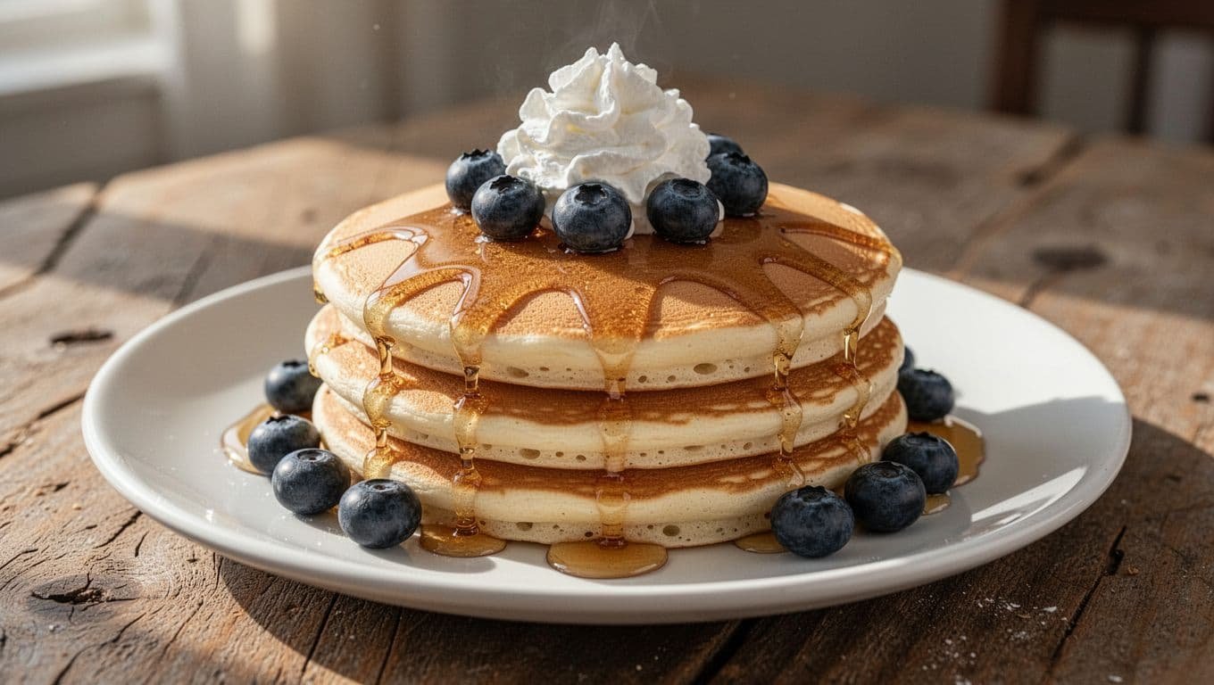 Stack of fluffy pancakes drizzled with maple syrup, blueberries and whipped cream on white plate.