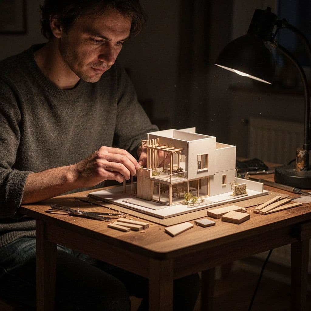 Person at small wooden desk intently builds miniature architectural model under warm light in dark cozy room.