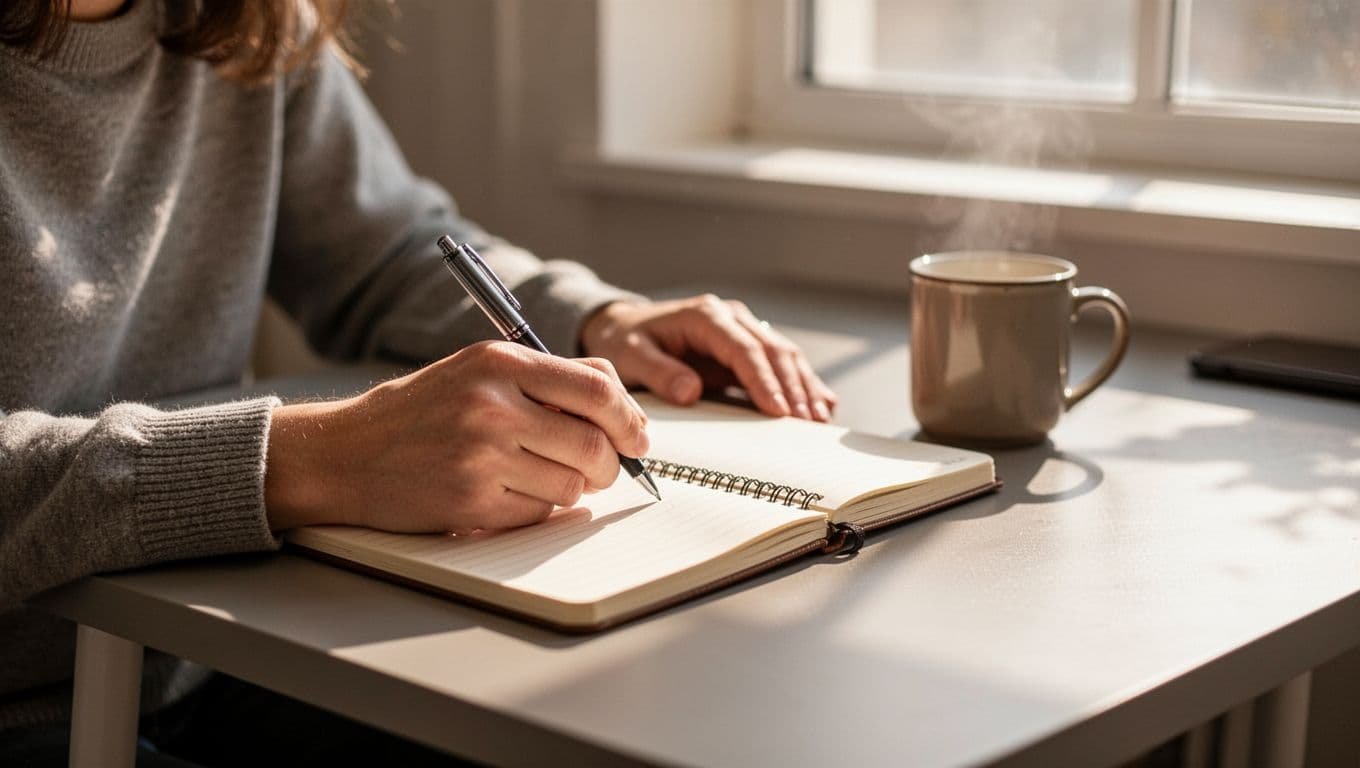 Person at clean desk writes intently in one notebook with pen in hand under morning light.
