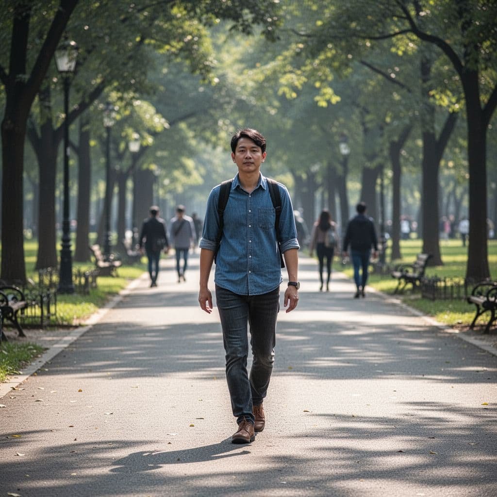 One person walks confidently on a quiet park path, with blurred silhouettes of many people in the background.