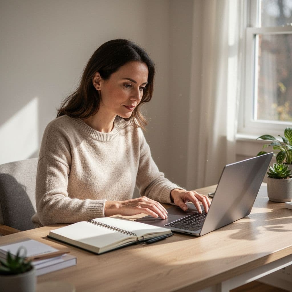 Woman sits at clean desk in sunlit room using laptop and notebook.
