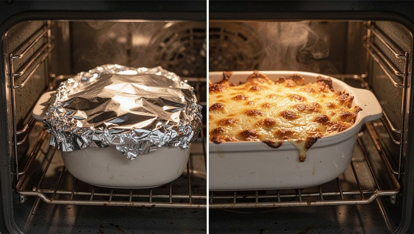 Foil-covered baking dish in oven next to uncovered version with bubbly browned cheese top.
