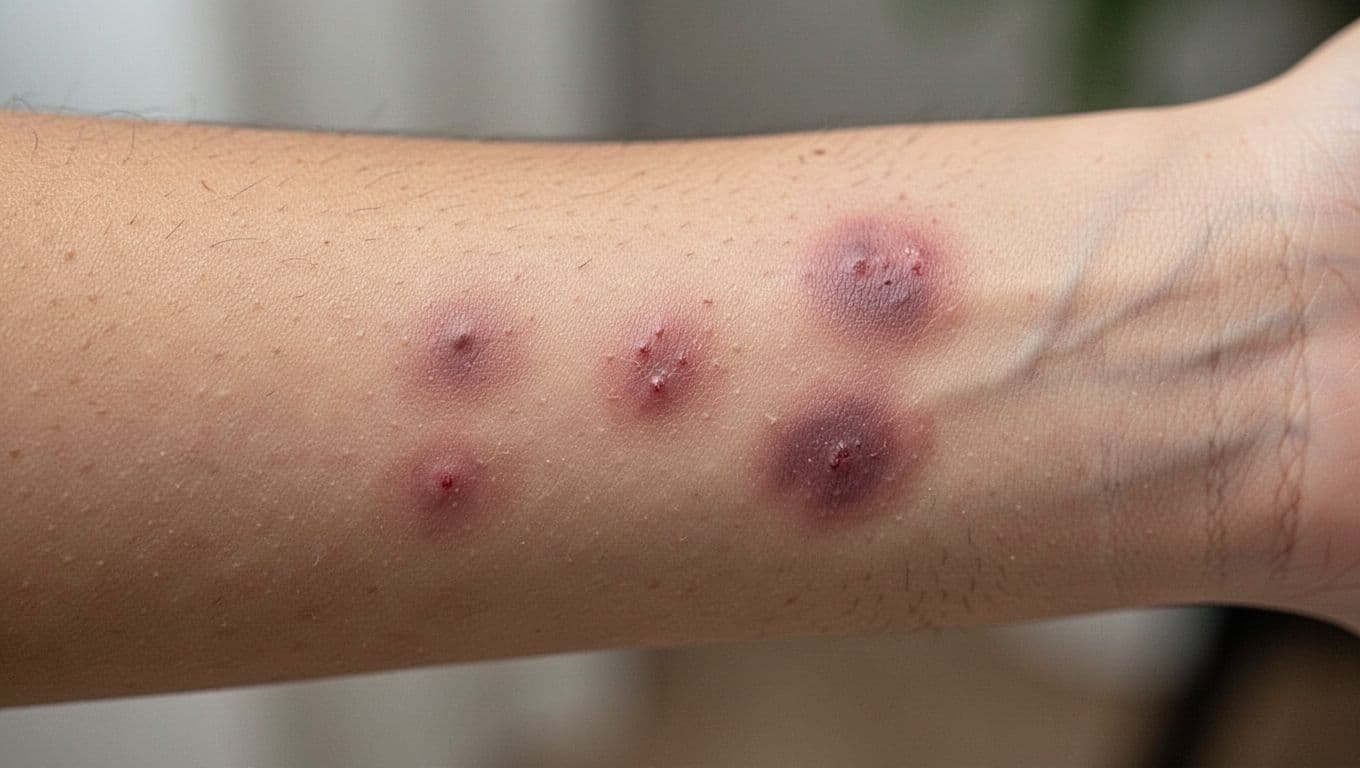 Closeup of forearm skin with several small fresh bruises, otherwise normal.