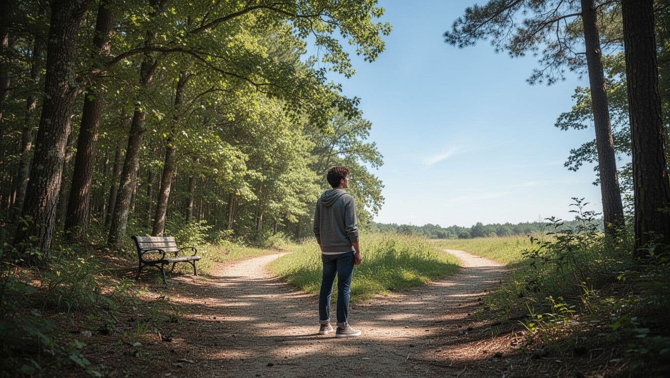 Thoughtful young adult stands at forest trail fork; left path to two people on bench, right to open solitary trail.