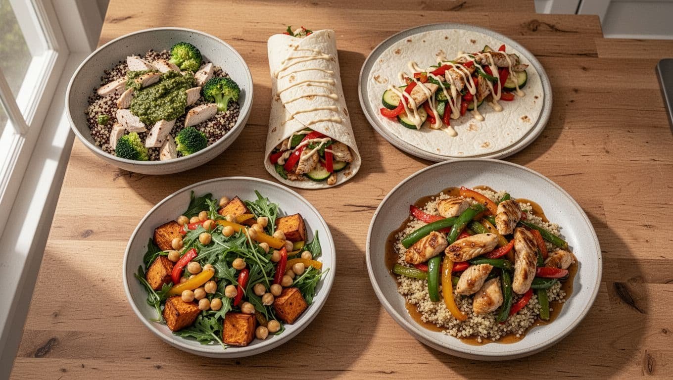 Top-down view of kitchen table with four plates: quinoa chicken broccoli bowl, chicken pepper zucchini wrap, chickpea sweet potato salad, chicken veggie quinoa stir-fry.