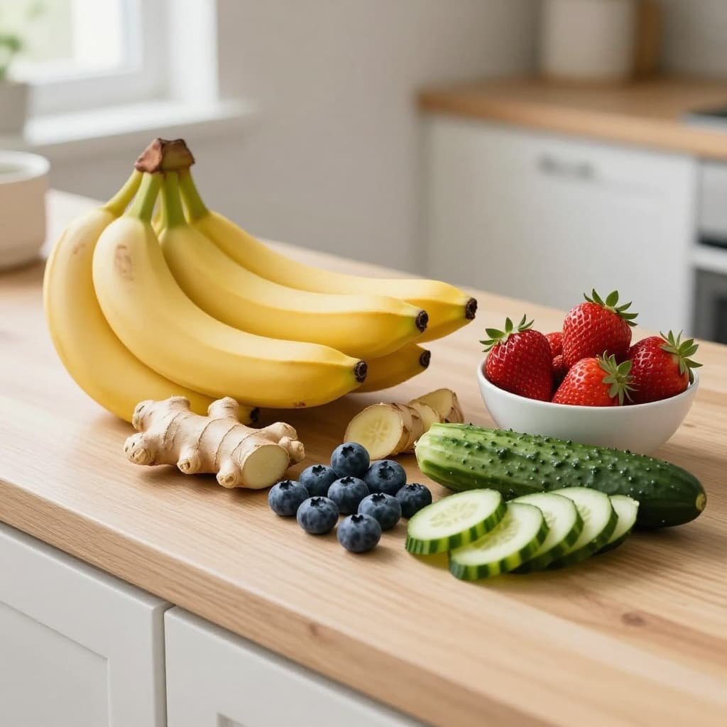 Bunch of yellow bananas, ginger root, blueberries-strawberries bowl, and sliced cucumber on light wooden counter.