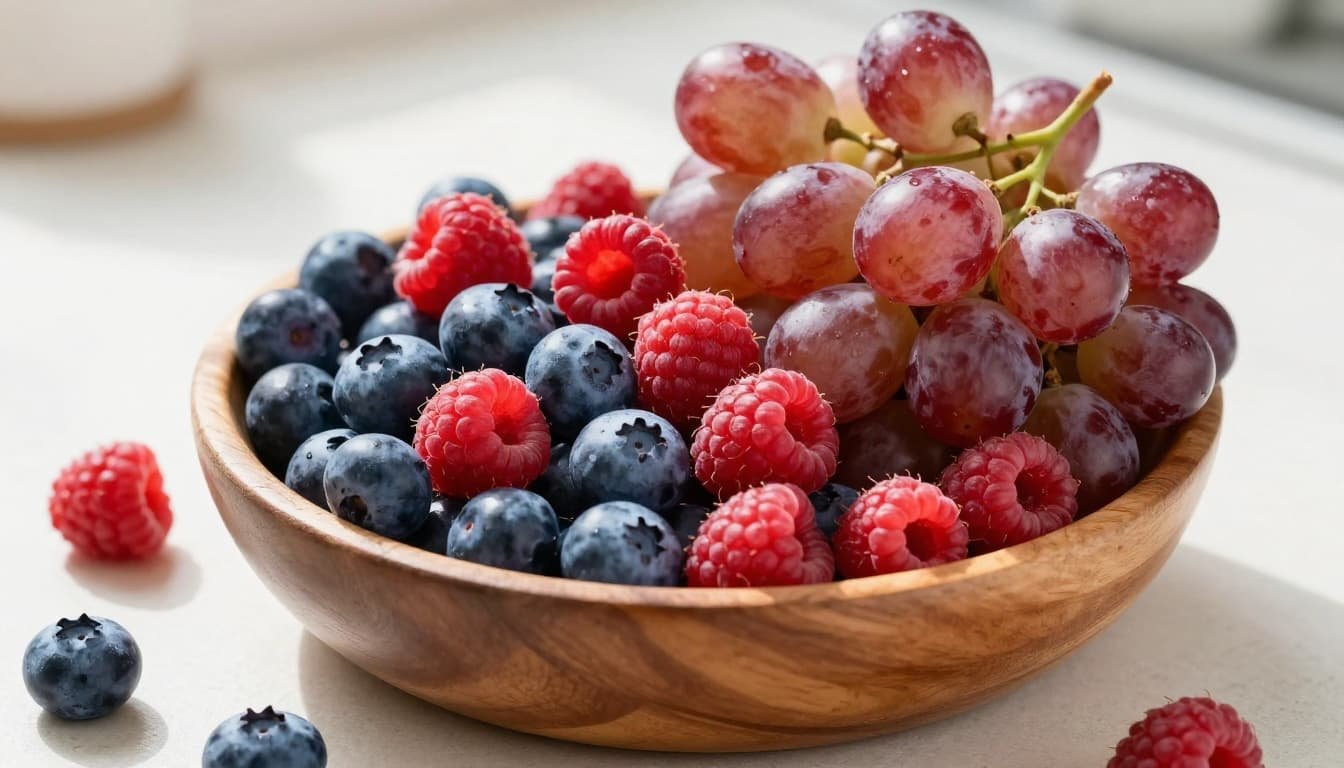Wooden bowl filled with blueberries, raspberries, and red grapes on light kitchen counter.