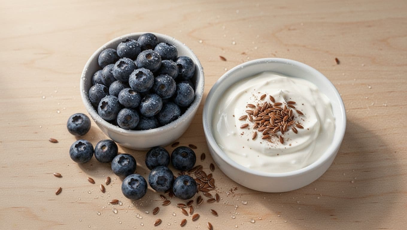 Fresh blueberries with dew in a small white bowl next to plain yogurt and ground flaxseed on a light wooden surface.