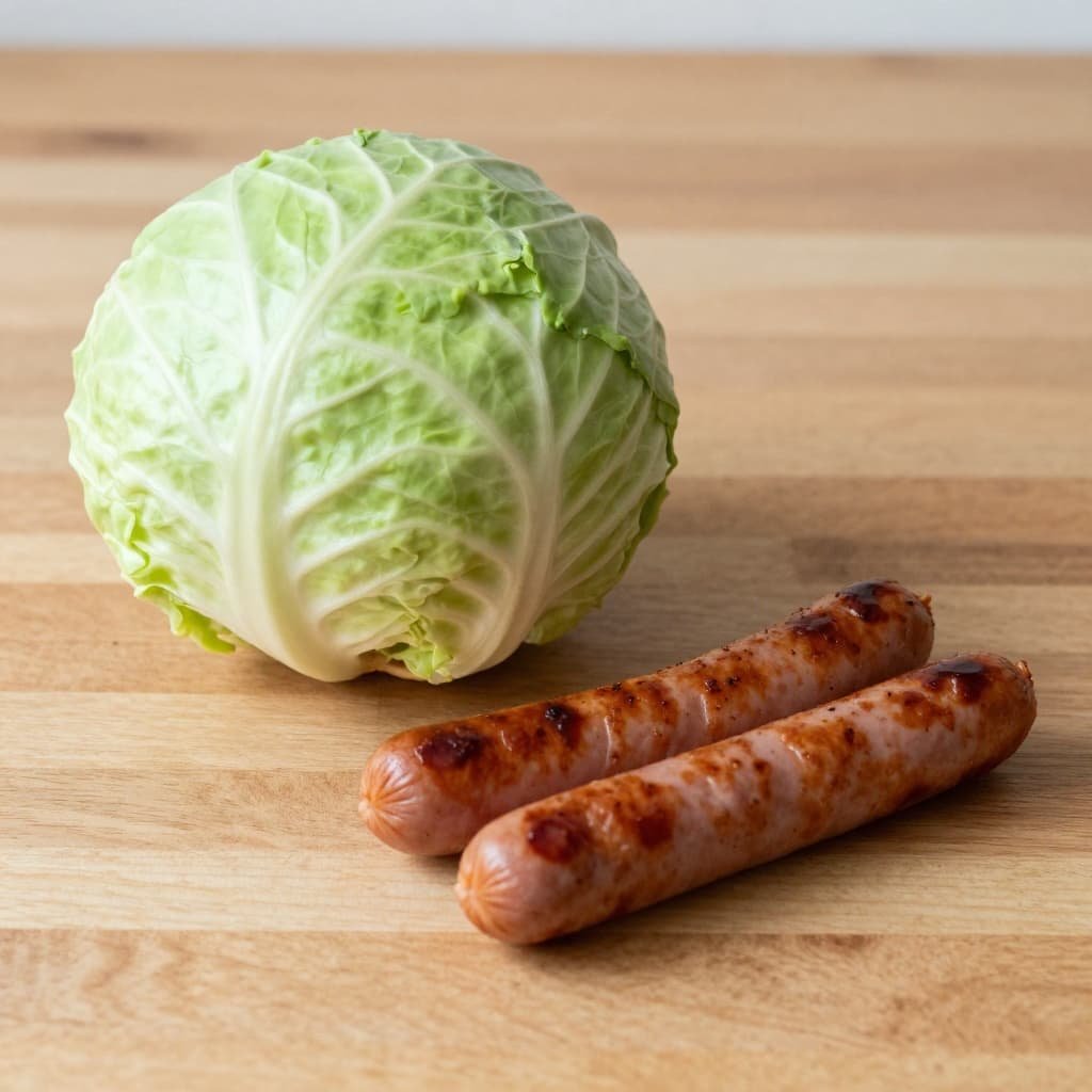 A head of green cabbage and two smoked kielbasa sausages sit on a wooden kitchen counter.