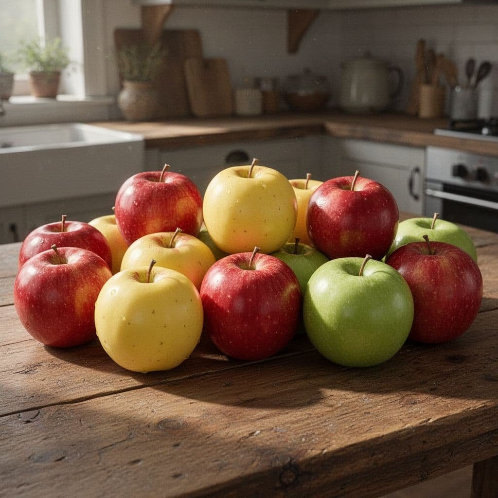 A rustic wooden table holds a selection of red, yellow, and green apples in a kitchen.