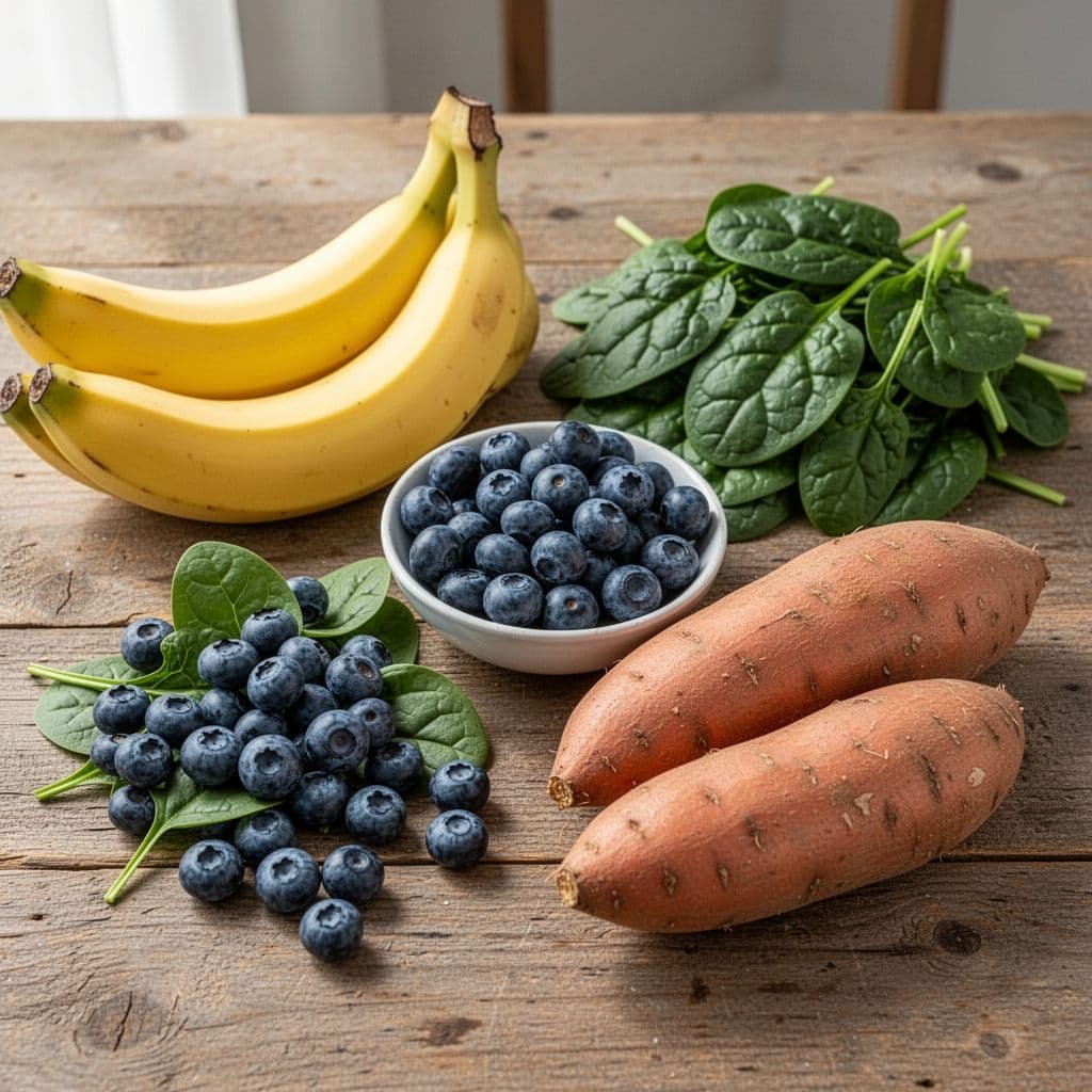 Bananas, blueberries, spinach, and sweet potatoes on a rustic wooden table.