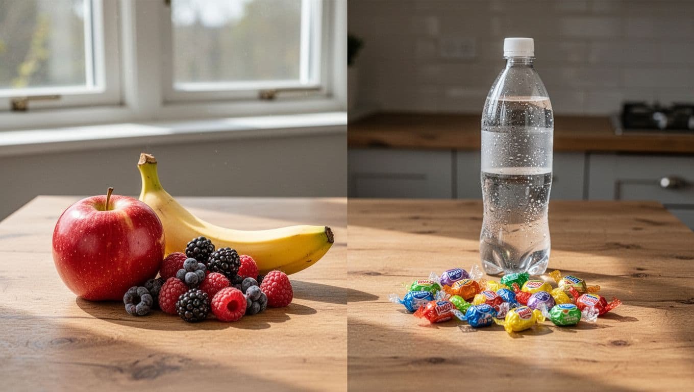 Apple, berries, and banana on left of wooden table; soda can and candy bars on right, split by shadow in daylight.