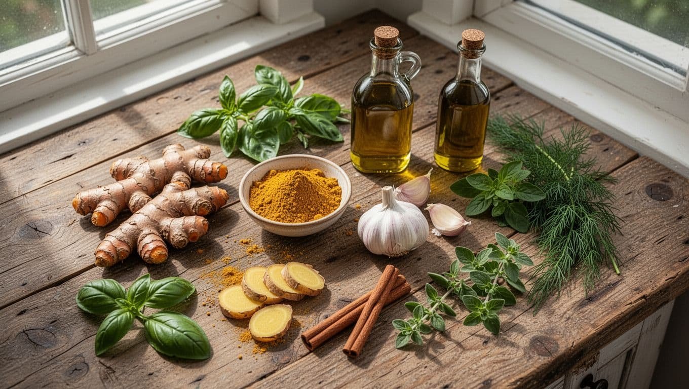 Turmeric root and powder, sliced ginger, garlic cloves, cinnamon sticks, basil leaves, oregano sprigs, dill fronds on wooden counter with olive oil bottle.