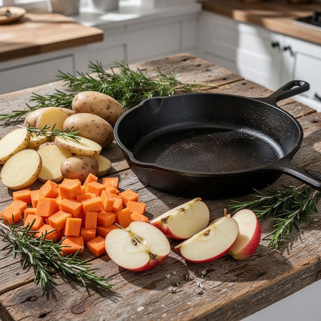 Sliced potatoes, chopped carrots, crisp apples, and fresh herbs sit artfully beside a black cast iron skillet.