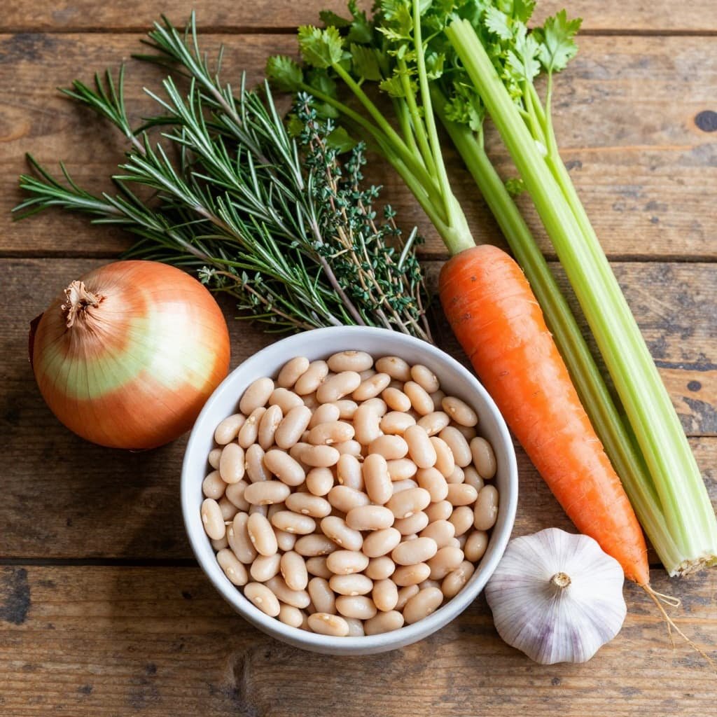 An overhead view of white beans, fresh herbs, and vegetables arranged on a rustic wooden table.