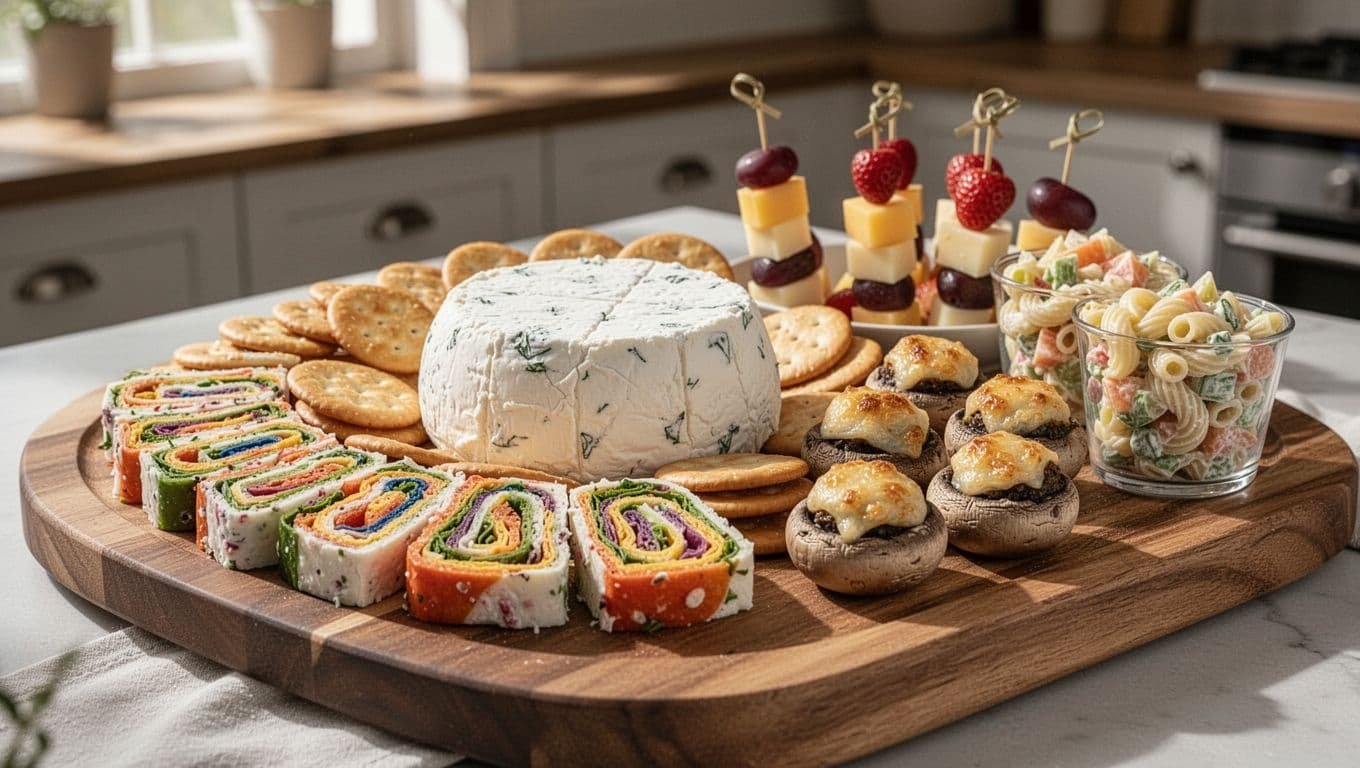 Wooden serving board holds cheese ball with crackers, pinwheels, stuffed mushrooms, fruit-cheese skewers, and pasta salad cups.