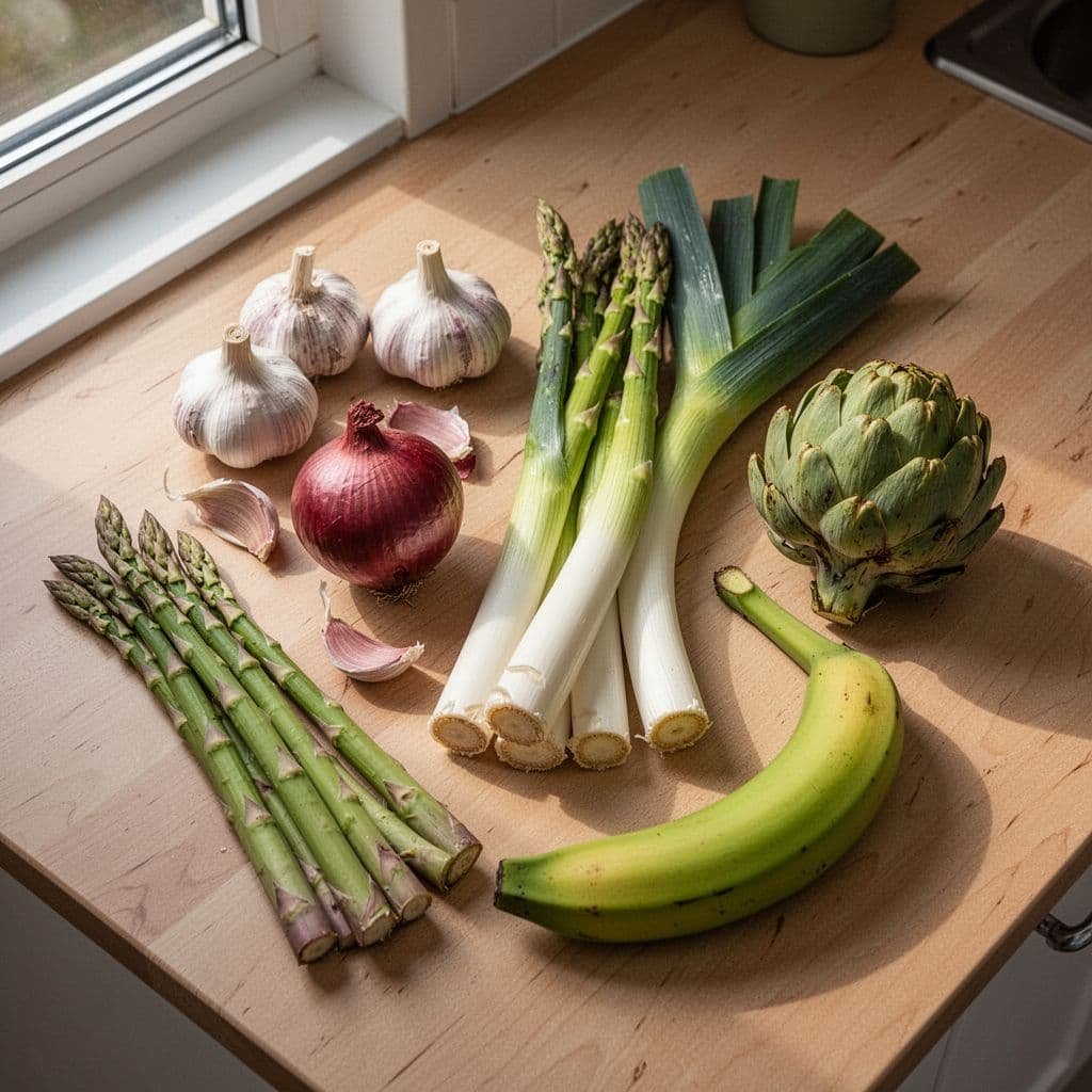Top-down view of garlic bulbs, red onions, leeks, asparagus, green banana, and artichoke on a sunlit kitchen counter.