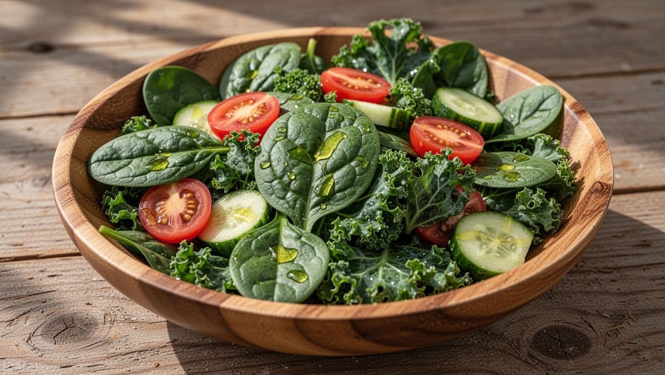 Spinach and kale leaves tossed with cherry tomatoes and cucumbers in wooden bowl with olive oil drizzle.