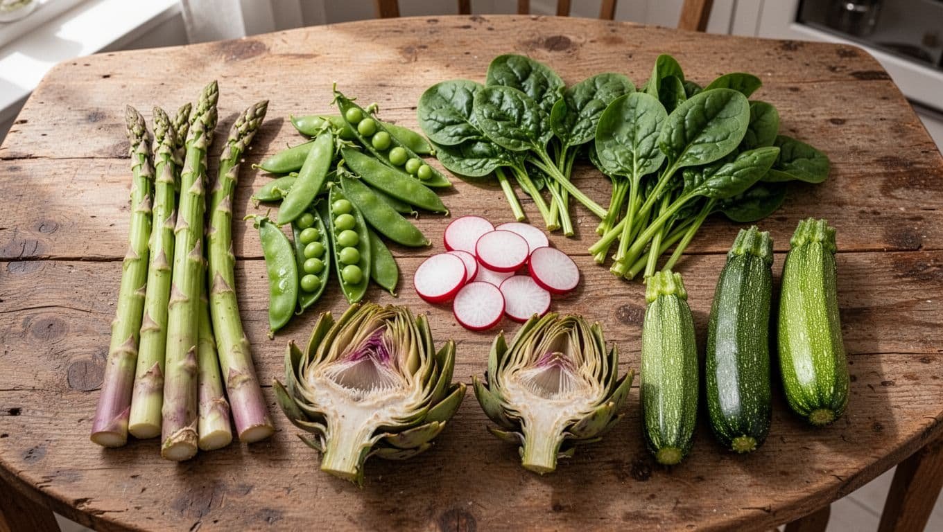 Asparagus spears, pea pods, spinach leaves, radish slices, artichoke halves, and zucchini on a rustic wooden table.
