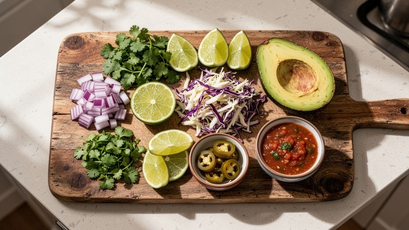 Top-down view of diced red onion, chopped cilantro, lime halves, cabbage slaw, sliced avocado, pickled jalapeños, and salsa on wooden board.