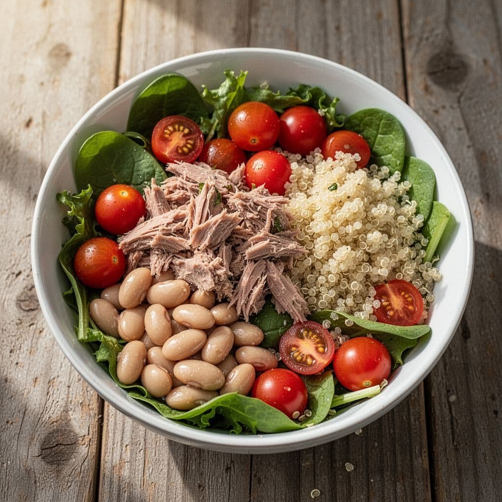 Top-down close-up of salad bowl with mixed greens, beans, tuna chunks, cherry tomatoes, and quinoa on wooden table.
