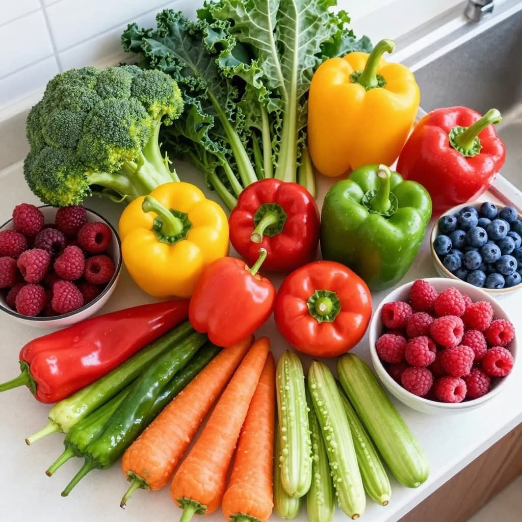 A top-down view of colorful vegetables and fresh berries arranged on a bright kitchen counter.