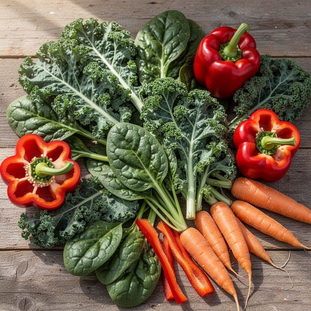 A top-down view of fresh kale, spinach, bell peppers, and carrots arranged on a wooden table.