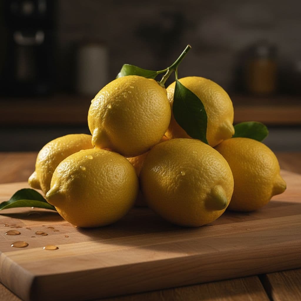 A close-up of several bright yellow lemons arranged on a textured wooden surface.
