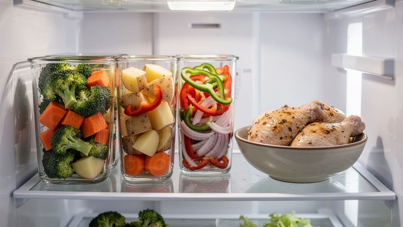 Glass containers on fridge shelf hold chopped broccoli, carrots, potatoes, peppers, onions, and marinated chicken.