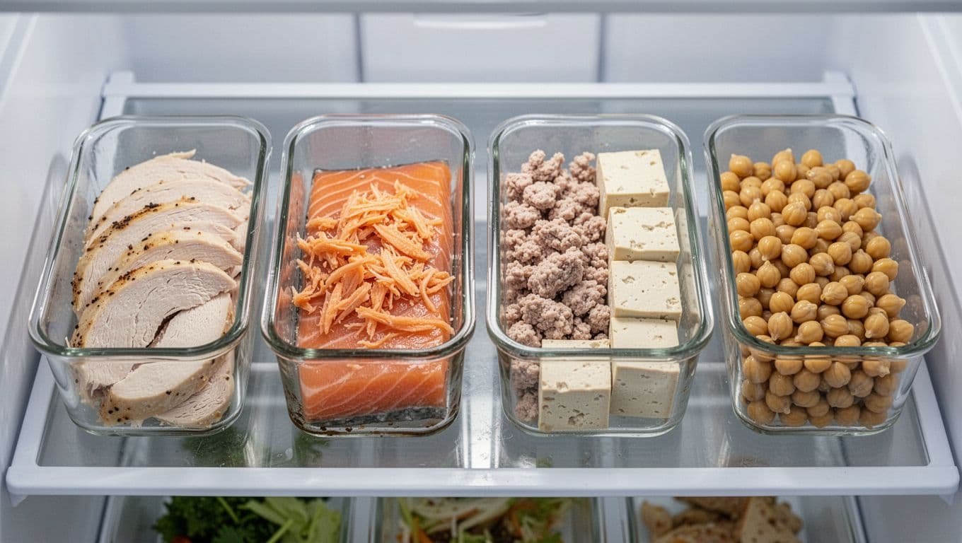 Fridge shelf with five clear glass containers holding sliced chicken breast, flaked salmon, crumbled turkey, cubed tofu, and chickpeas.