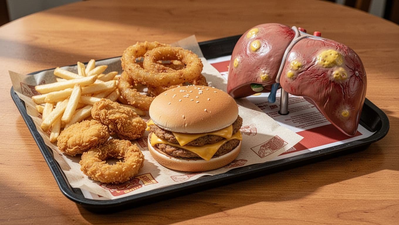 Fried french fries, chicken nuggets, onion rings, and cheeseburger on paper-lined tray next to inflamed fatty liver model on wooden table.