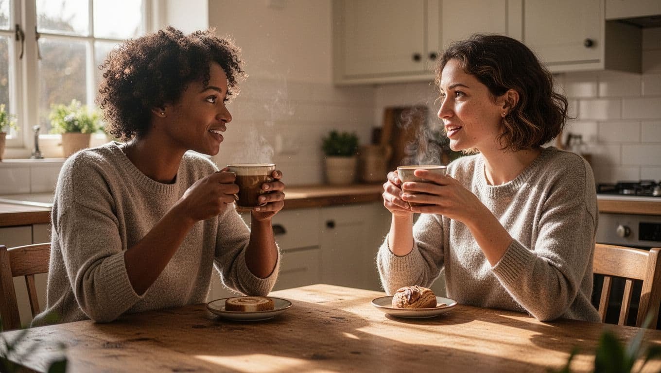 One person talks with a friend over coffee at a sunlit kitchen table.