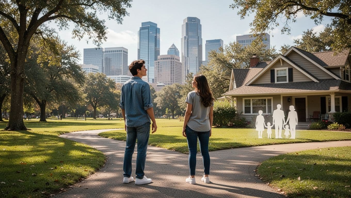 Two young adults stand at sunny park path fork, one facing city skyline and offices, the other suburban home with family silhouettes.