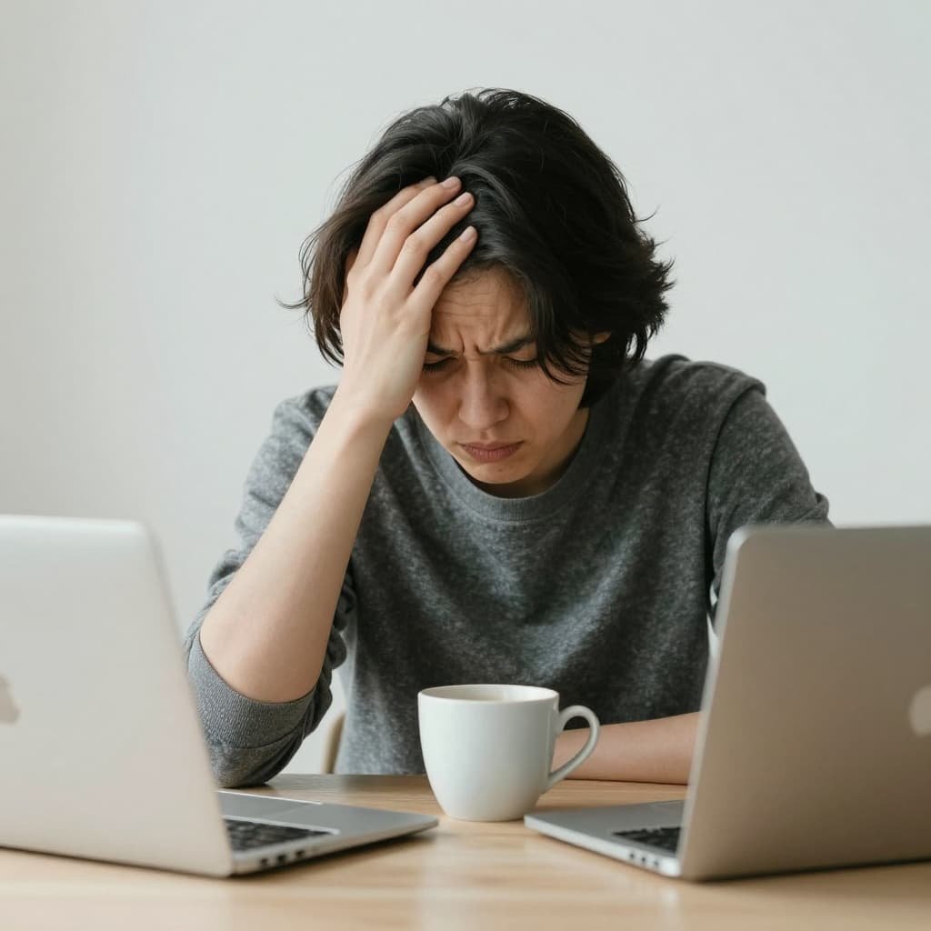 Person at cluttered table with coffee cup rubs forehead in frustration.