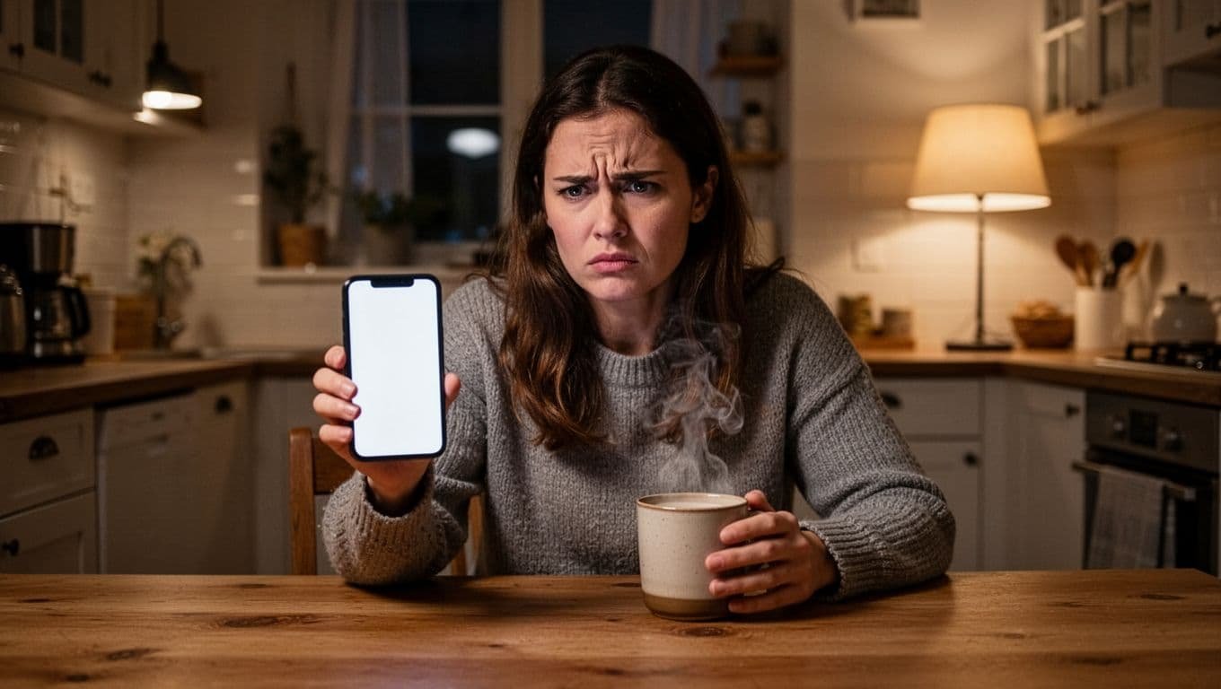 Young frustrated woman sits alone at night kitchen table holding smartphone with blank chat screen and coffee mug.
