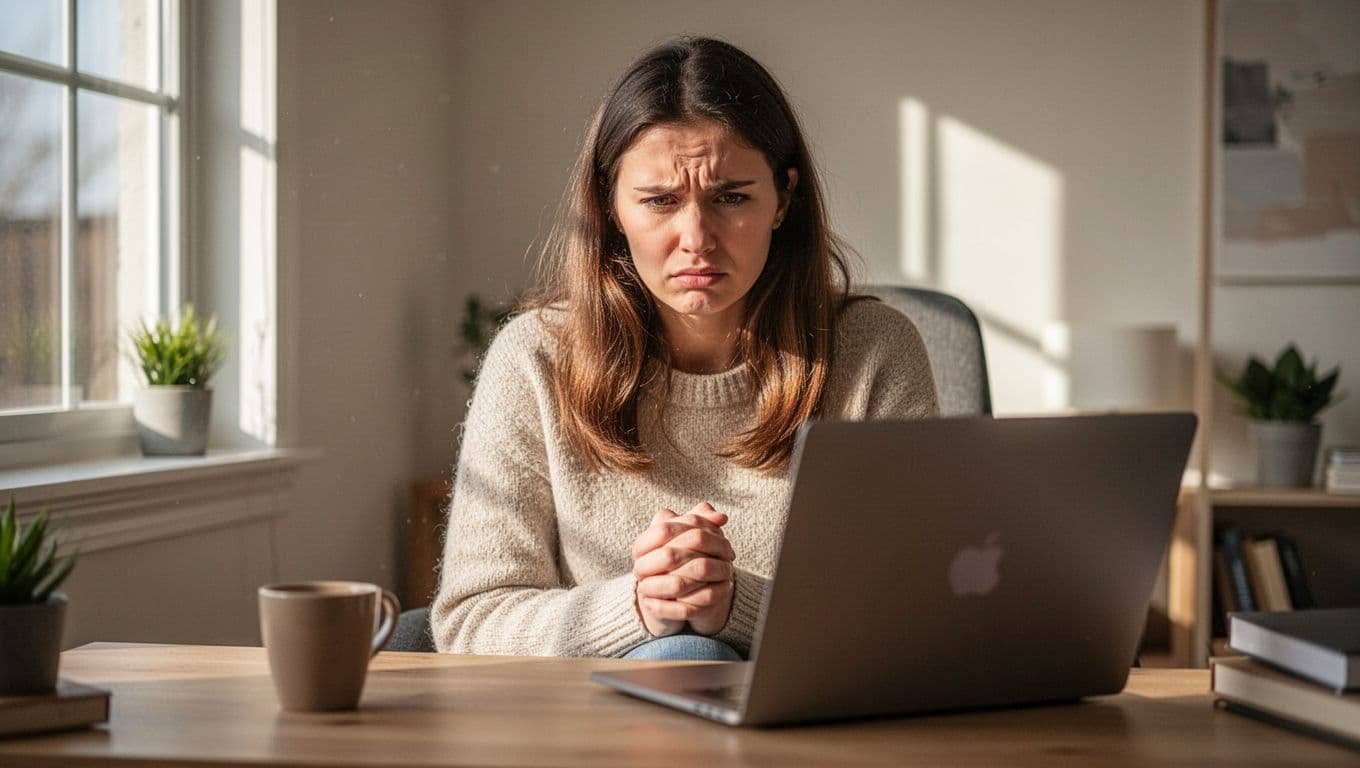 Young woman scowls at blurred laptop error in cozy home office, hands clenched, sunlight through window.