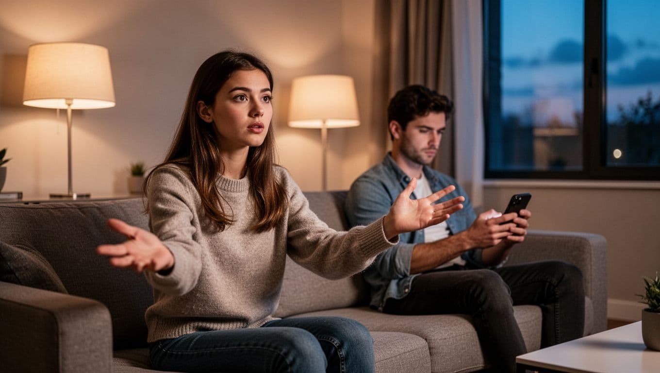 Frustrated young woman on couch stretches arms pleading toward indifferent man on phone in dusk-lit living room.
