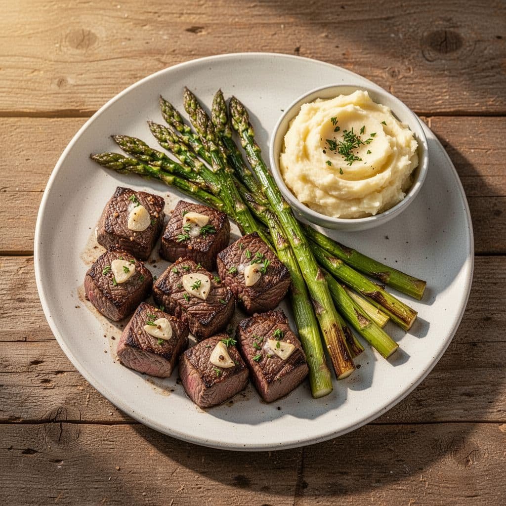 A top-down view of garlic butter steak bites, roasted asparagus, and mashed potatoes served on a rustic table.