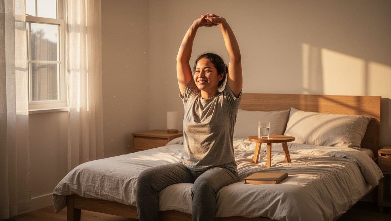 Person sits on bed edge in cozy bedroom, arms raised in gentle stretch, calm smile as sunlight streams through window.