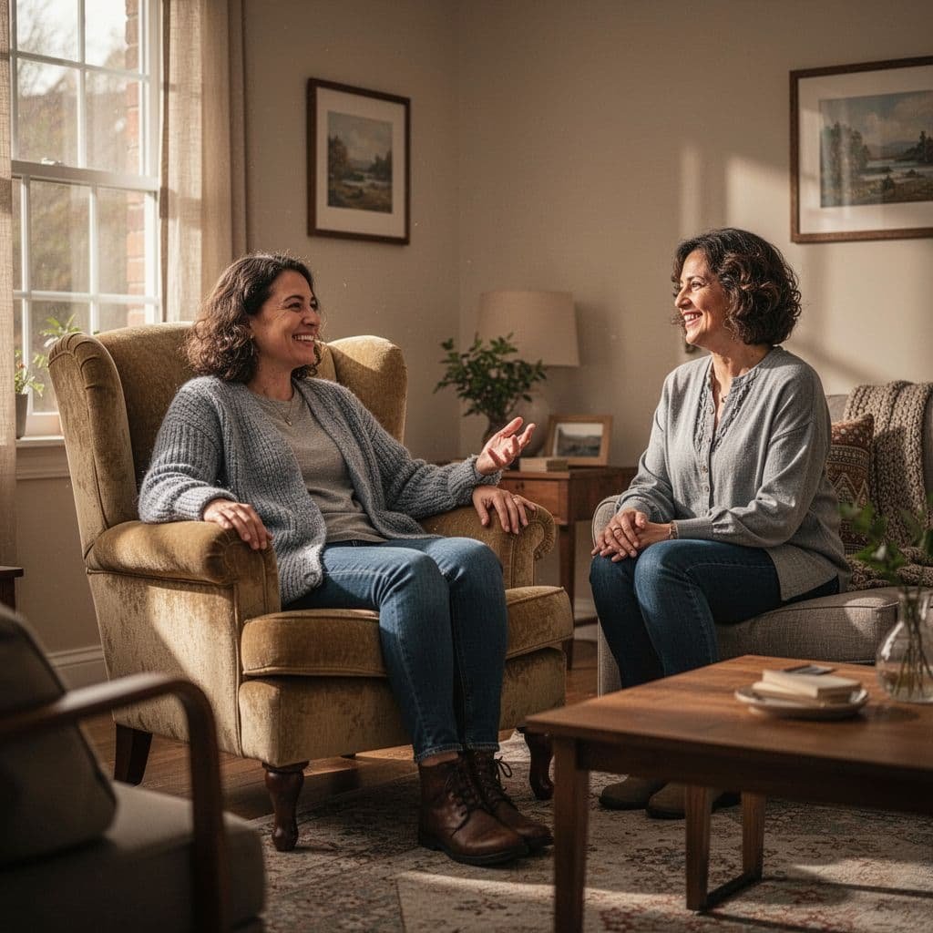 Person smiles while talking to another from comfortable chair in warm living room.